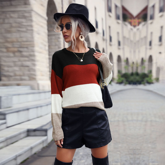 Casual Loose Long Sleeve Crew Neck Colorblock Sweaters