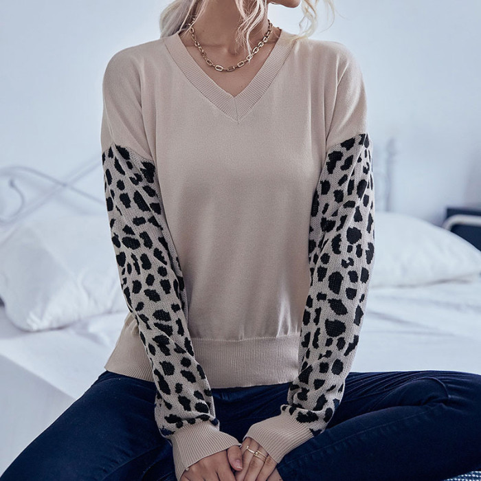 Casual Fashion Leopard Print Long Sleeve V-Neck Loose Sweaters