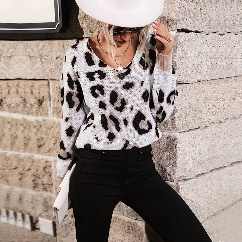 Fashion Long Sleeve Leopard V-Neck Loose Casual Sweaters