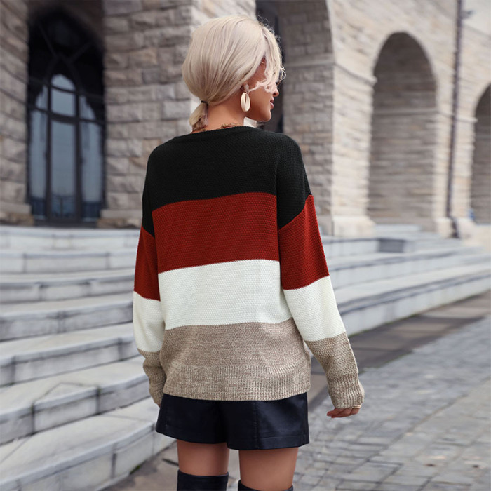 Casual Loose Long Sleeve Crew Neck Colorblock Sweaters