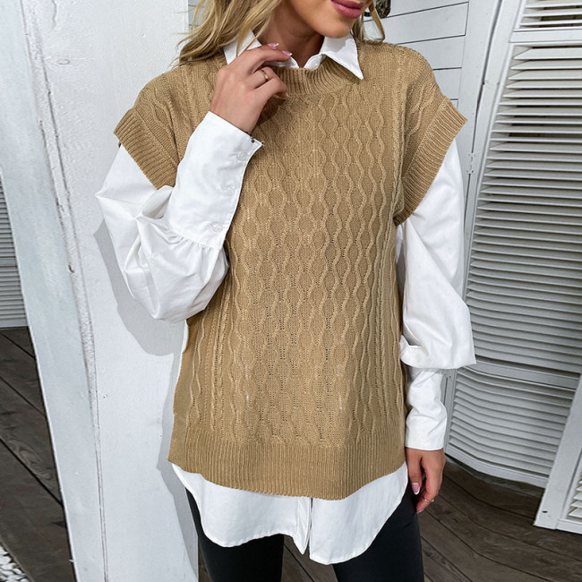 Solid Color Crew Neck Fly Sleeves Loose Hemp Pattern Vest Sweaters