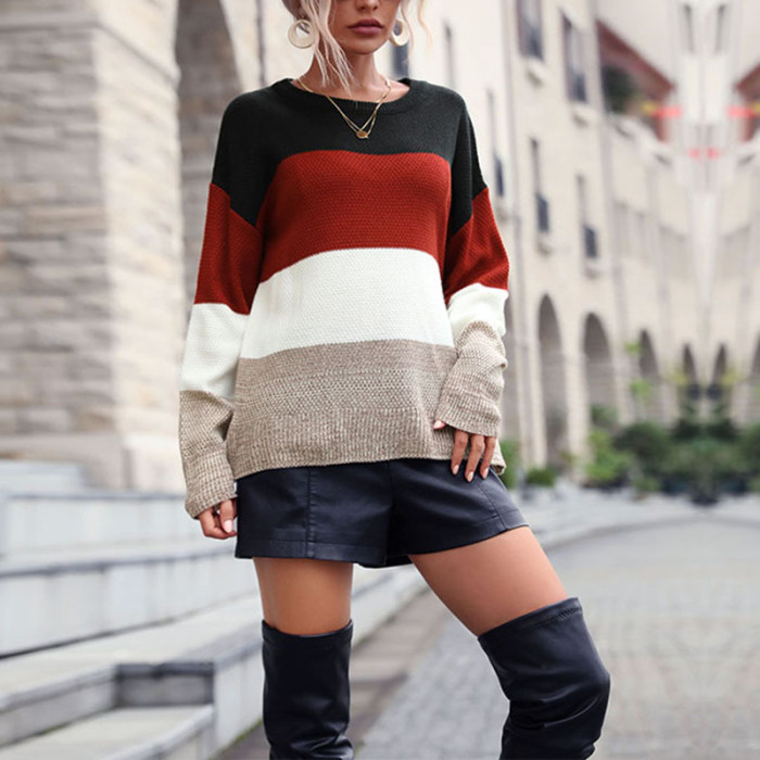 Casual Loose Long Sleeve Crew Neck Colorblock Sweaters