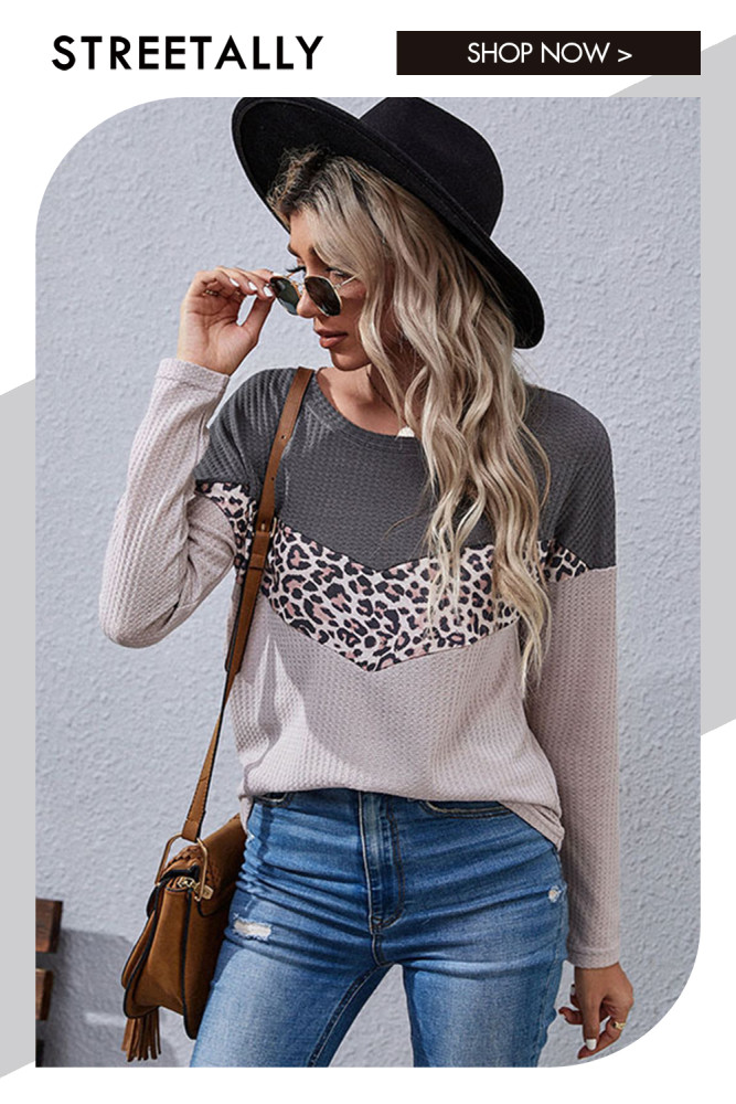 Crew Neck Leopard Print Colorblock Long Sleeve Casual Hoodies & Sweatshirts