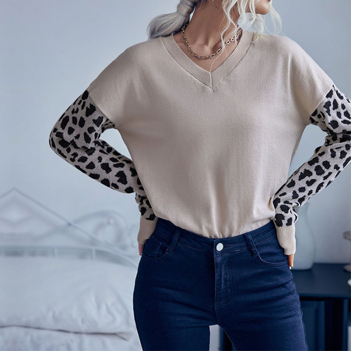 Casual Fashion Leopard Print Long Sleeve V-Neck Loose Sweaters