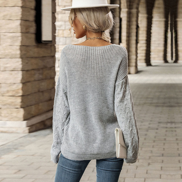Fashion Loose V-Neck Linen Pattern Long Sleeves Grey Sweaters