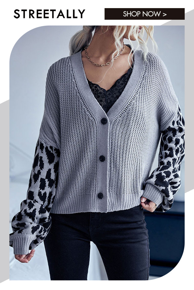 Single Breasted Panelled Chic Long Sleeve Leopard Sweater Cardigans