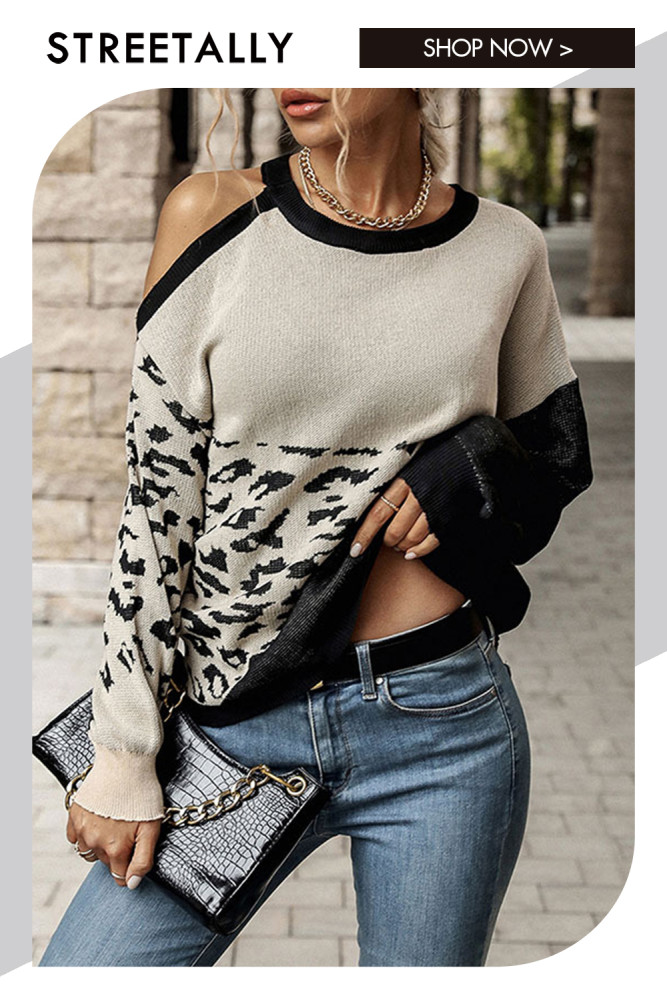 Casual Dropped Shoulder Fashion Long Sleeve Leopard Loose Sweaters