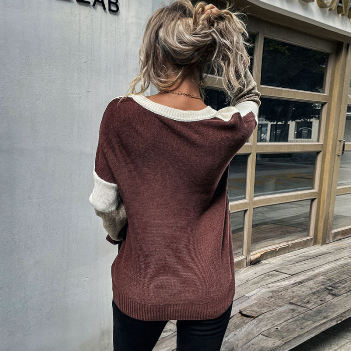Casual Long Sleeve Crew Neck Loose Leopard Contrast Color Sweaters