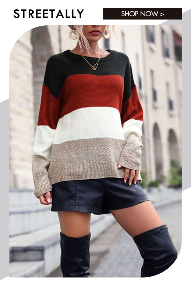 Casual Loose Long Sleeve Crew Neck Colorblock Sweaters