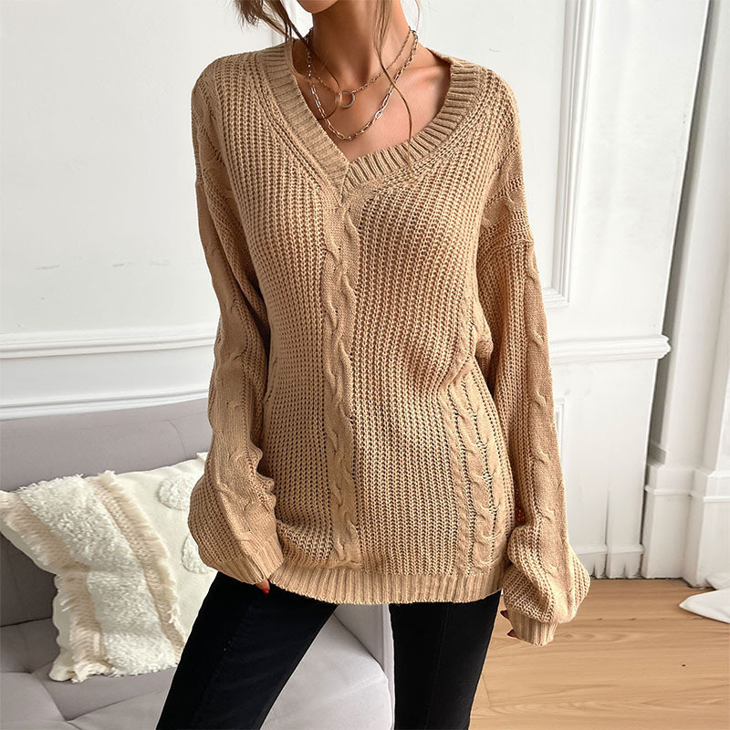 Elegant Fashion Long Sleeve Solid Color Linen Pattern Loose Sweaters