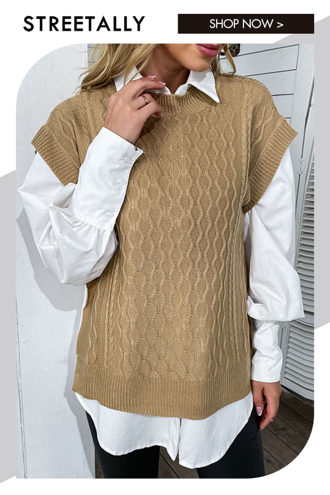 Solid Color Crew Neck Fly Sleeves Loose Hemp Pattern Vest Sweaters