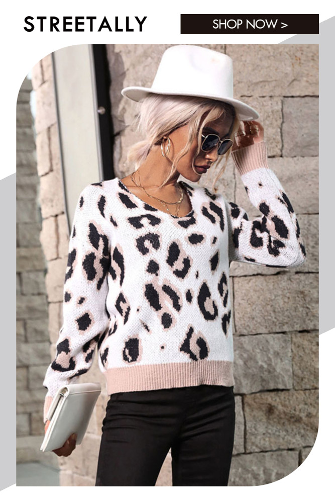 Fashion Long Sleeve Leopard V-Neck Loose Casual Sweaters