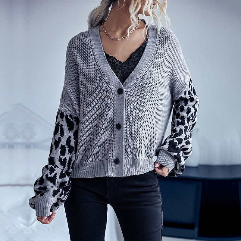 Single Breasted Panelled Chic Long Sleeve Leopard Sweater Cardigans