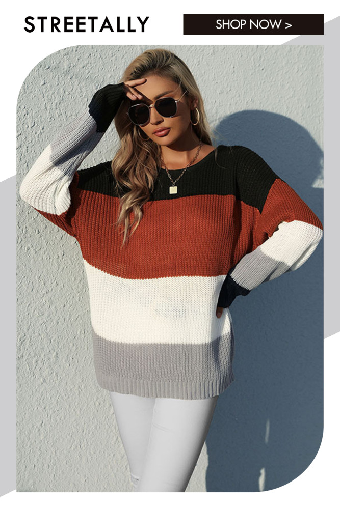 Fashion Casual Long Sleeve Loose Crew Neck Contrast Color Sweaters