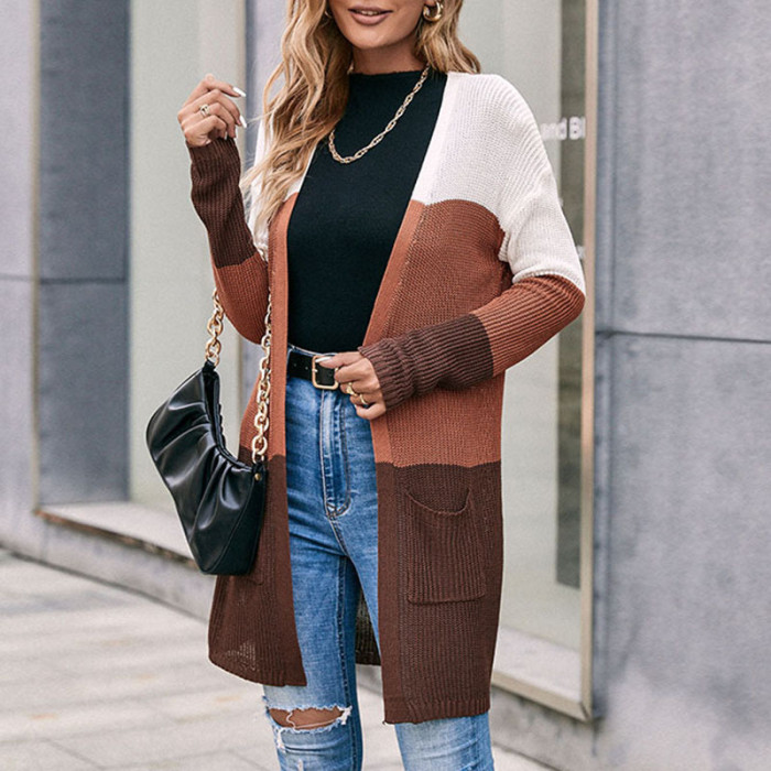 Fashion Loose Long Sleeve Colorblock Midi Sweater Cardigans