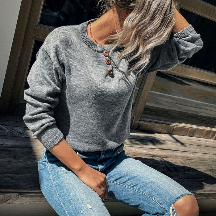 Solid Color Long Sleeve Crew Neck Loose Button Elegant Sweaters