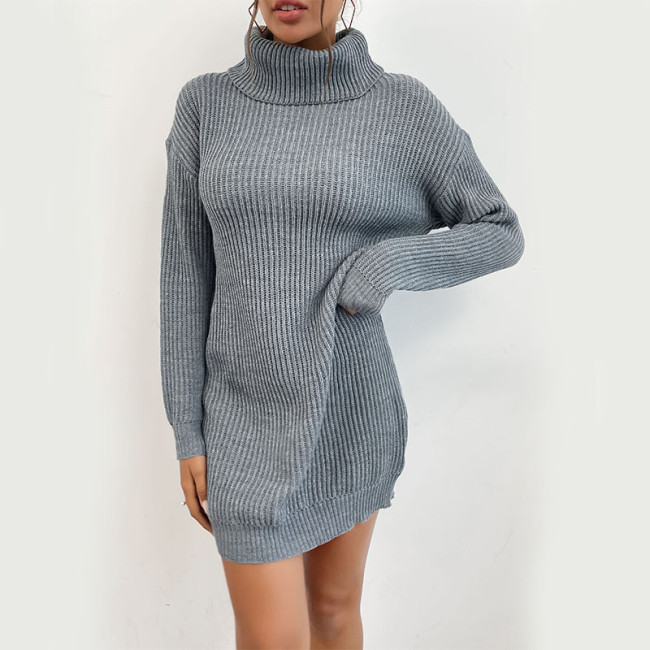 Solid Color Long Sleeve High Neck Fashion Long Loose Sweater Dresses