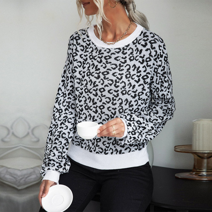 Crew Neck Leopard Print Long Sleeves Loose Casual Sweaters