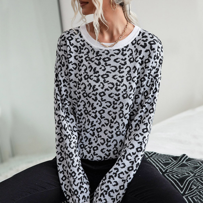 Crew Neck Leopard Print Long Sleeves Loose Casual Sweaters