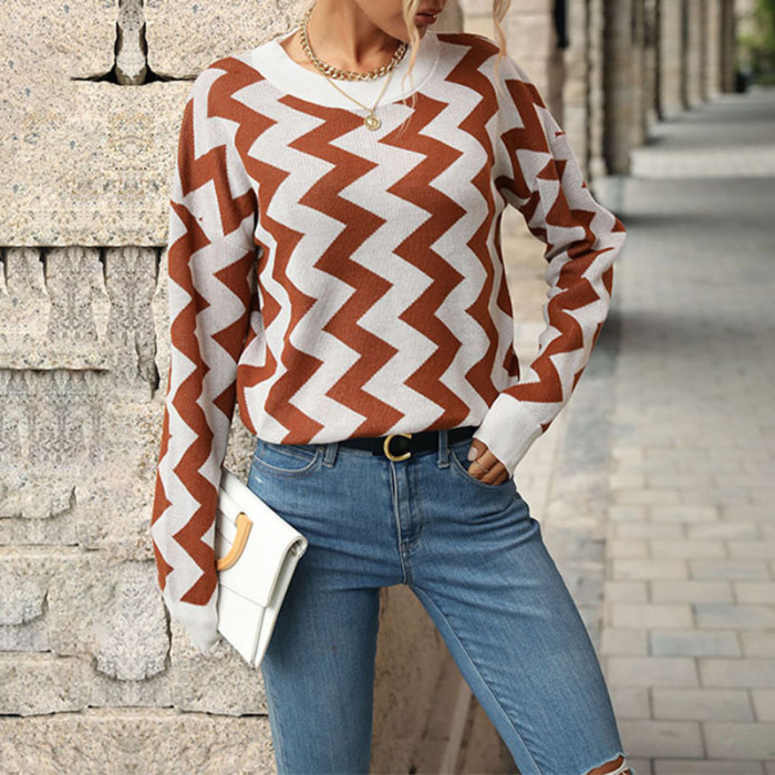 Casual Loose Crew Neck Wavy Long Sleeves Fashion Sweaters