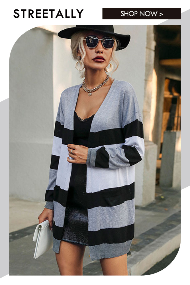 Long Sleeve Striped Mid-Length Loose Sweater Cardigans