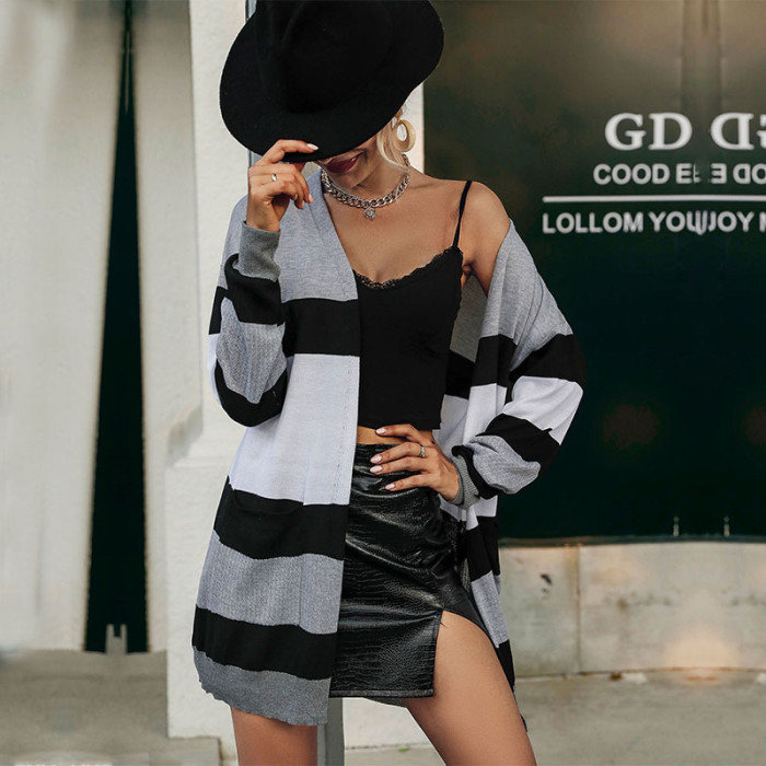 Long Sleeve Striped Mid-Length Loose Sweater Cardigans