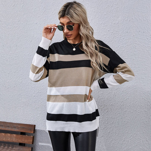 Casual Fashion Long Sleeve Striped Crewneck Mid Sweaters