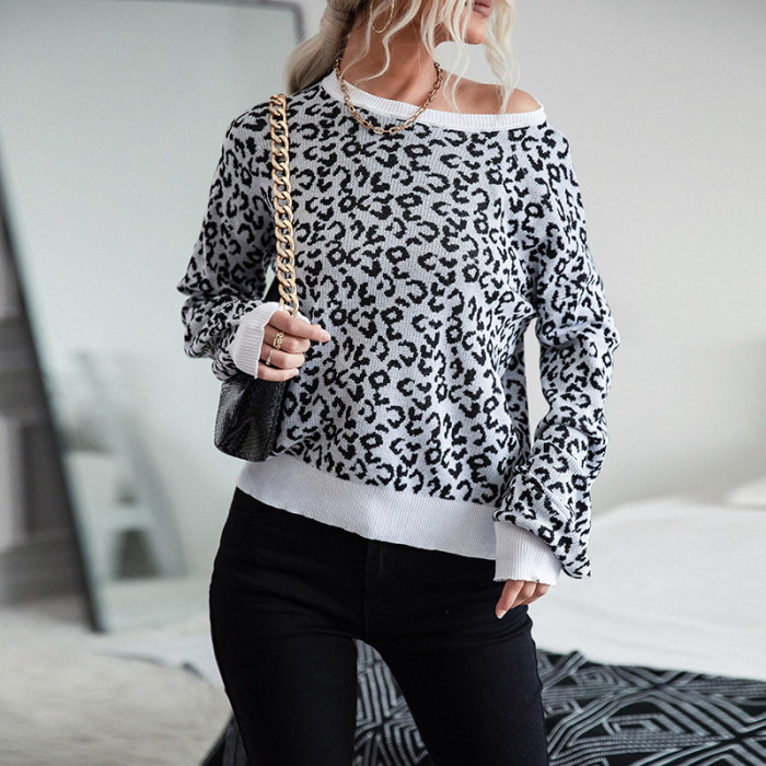 Crew Neck Leopard Print Long Sleeves Loose Casual Sweaters
