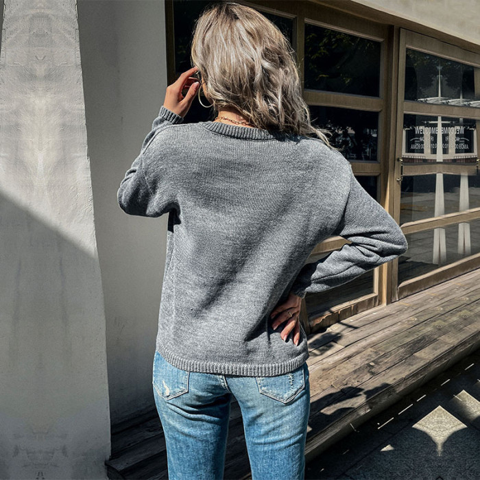 Solid Color Long Sleeve Crew Neck Loose Button Elegant Sweaters