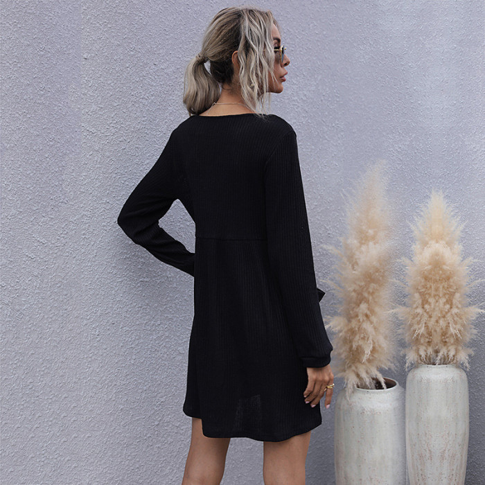 Solid Loose Black Long Sleeves Elegant Casual Mini Dresses