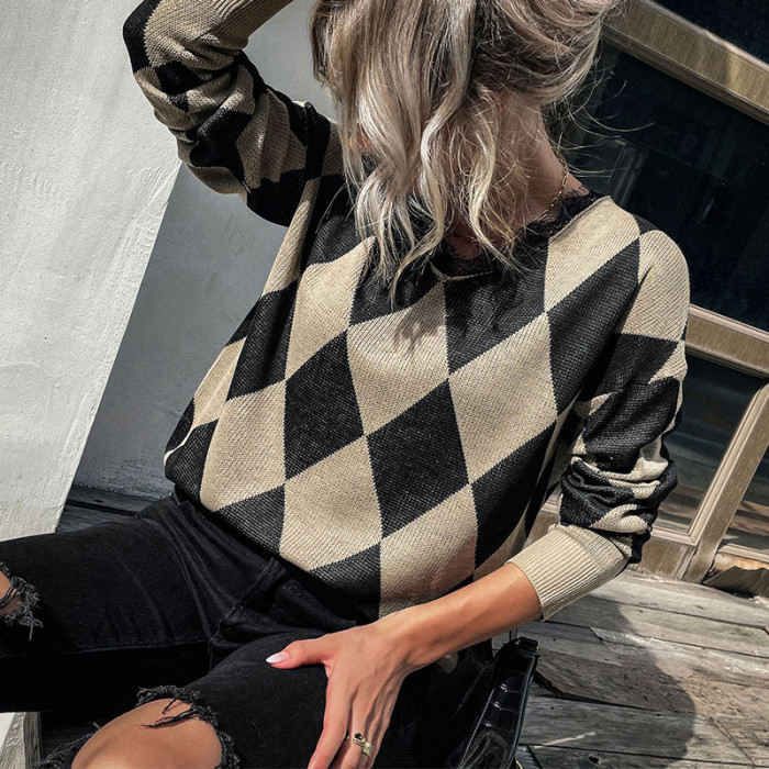 Fashion Diamond Long Sleeves Round Neck Elegant Sweaters