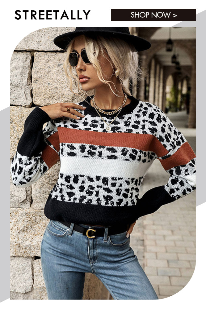 Fashion Jacquard Leopard Print Long Sleeve Crew Neck Loose Sweaters