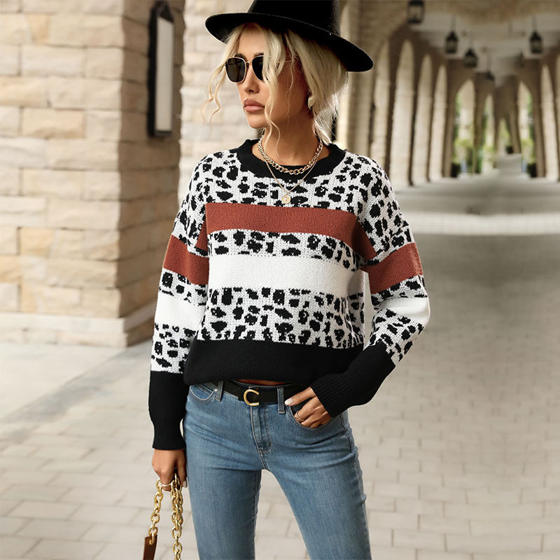 Fashion Jacquard Leopard Print Long Sleeve Crew Neck Loose Sweaters