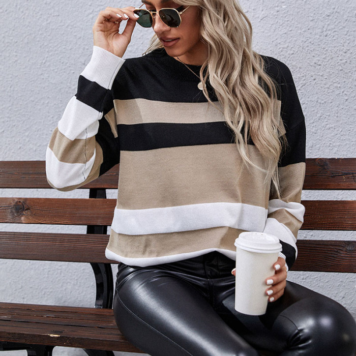 Casual Fashion Long Sleeve Striped Crewneck Mid Sweaters