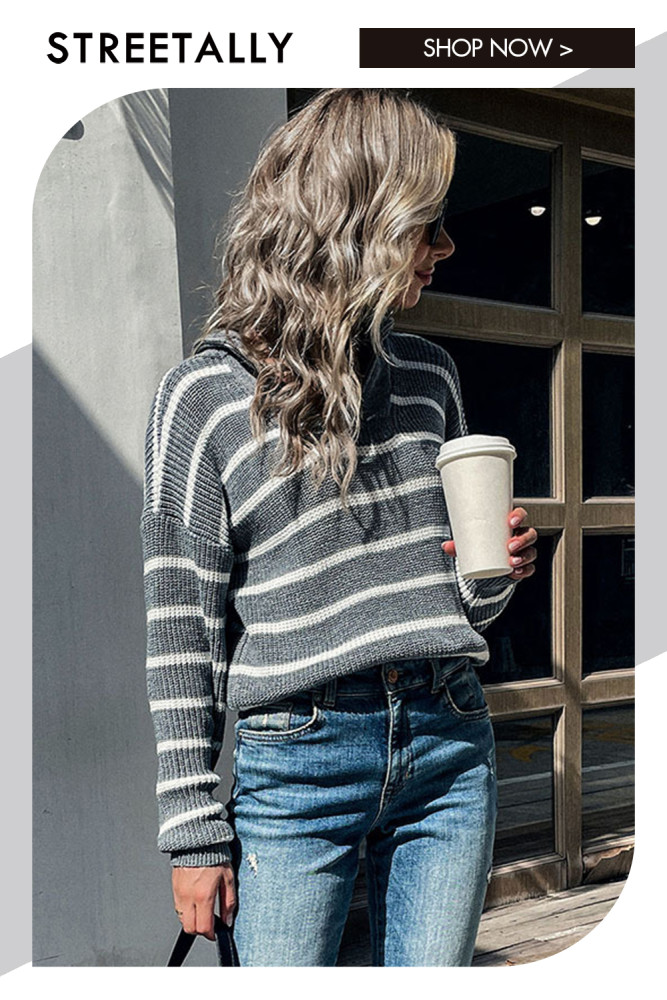 Fashion Long Sleeve Lapel Stripe Casual Loose Sweaters