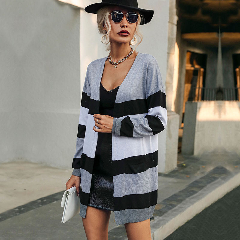 Long Sleeve Striped Mid-Length Loose Sweater Cardigans