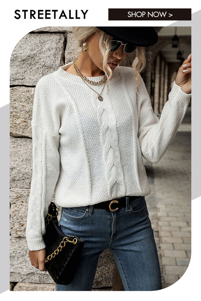Hemp Pattern Long Sleeve White Elegant Fashion Sweaters