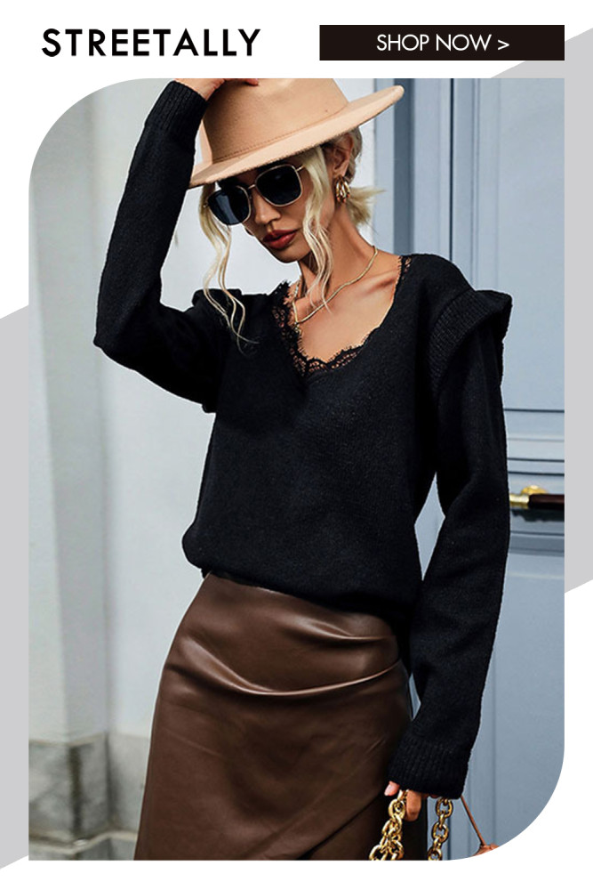 Lace Panel Fashion Elegant Long Sleeve V Neck Black Sweaters