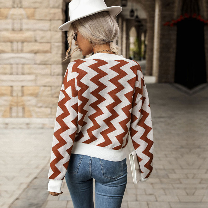 Casual Loose Crew Neck Wavy Long Sleeves Fashion Sweaters