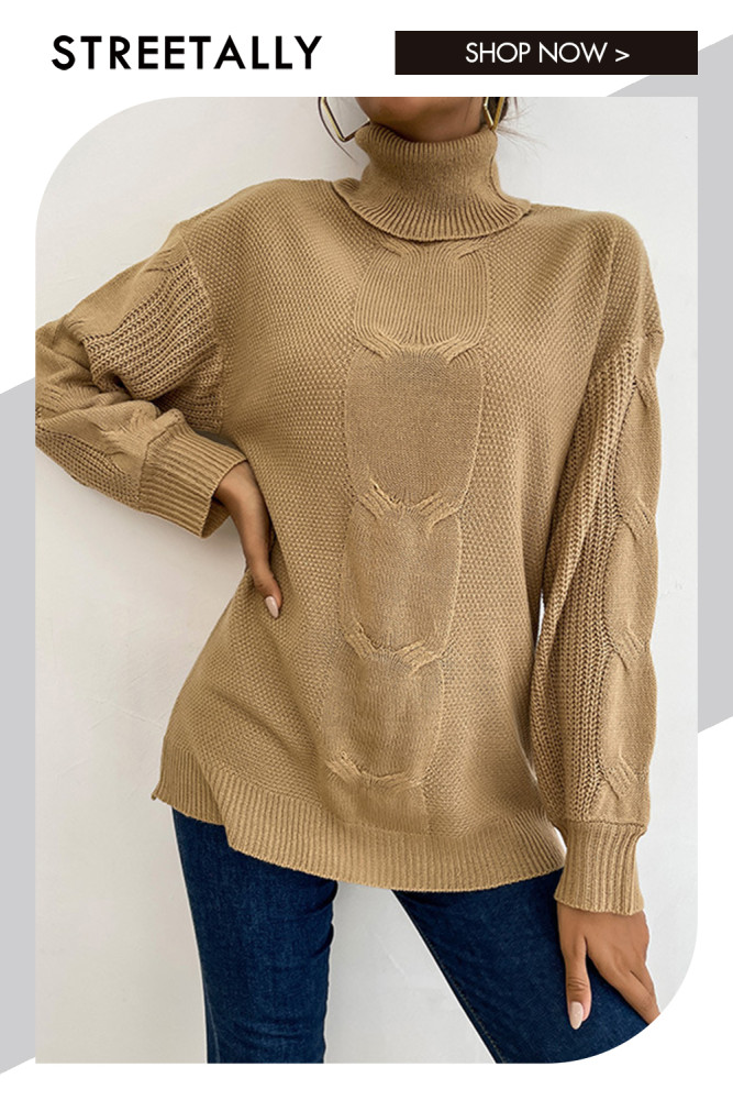 Solid Long Sleeve Linen Turtleneck Loose Sweaters