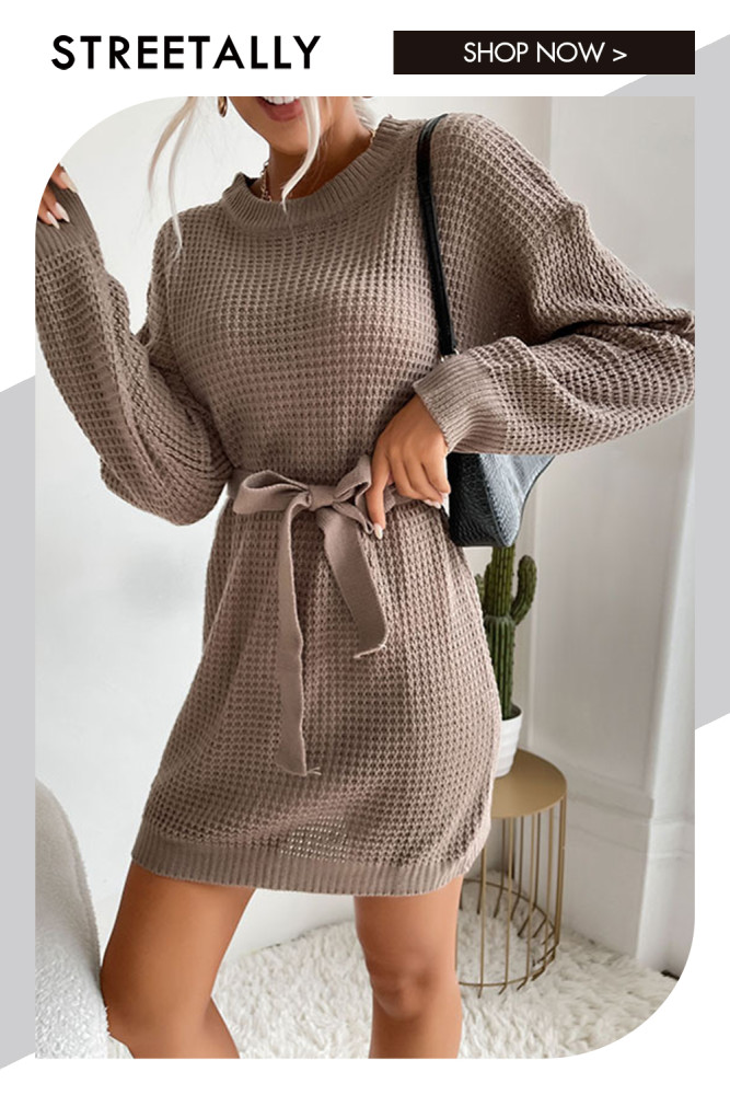 Solid Crew Neck Long Sleeve Lace-Up Loose Sweater Dresses