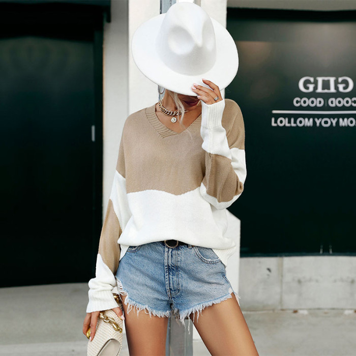 Long Sleeve V-Neck Colorblock Fashion Loose Sweaters