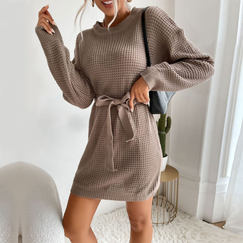 Solid Crew Neck Long Sleeve Lace-Up Loose Sweater Dresses