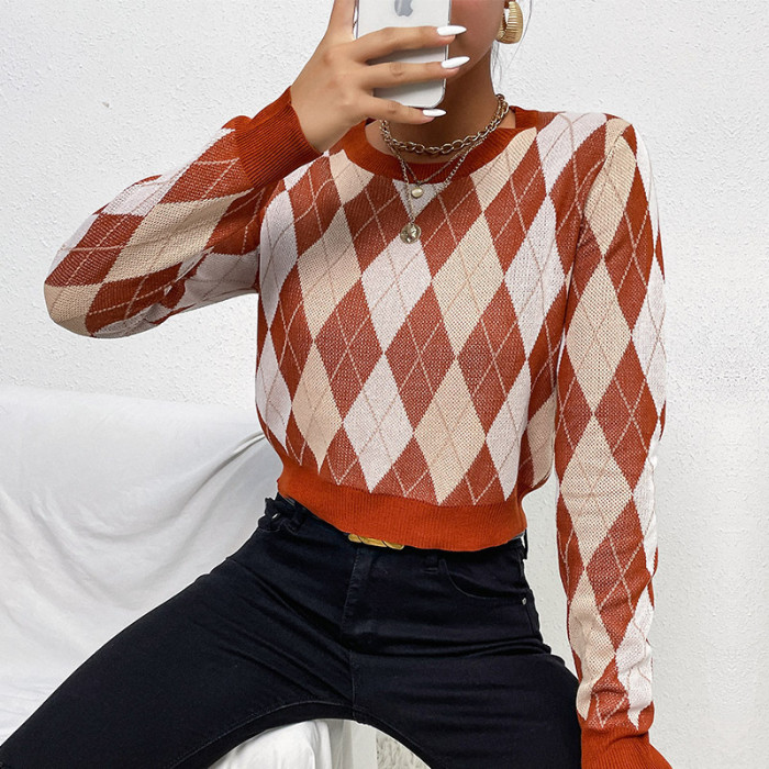 Elegant Round Neck Loose Long Sleeves Short Diamond Sweaters