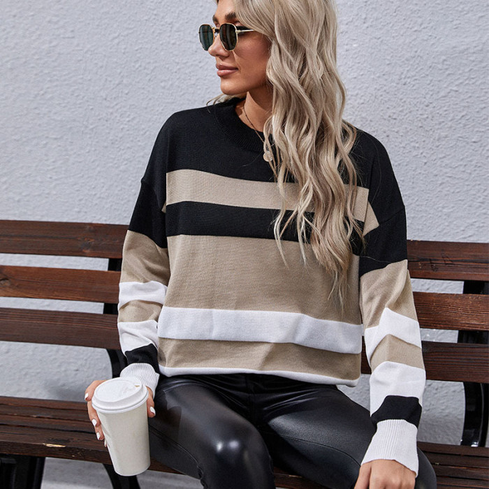 Casual Fashion Long Sleeve Striped Crewneck Mid Sweaters