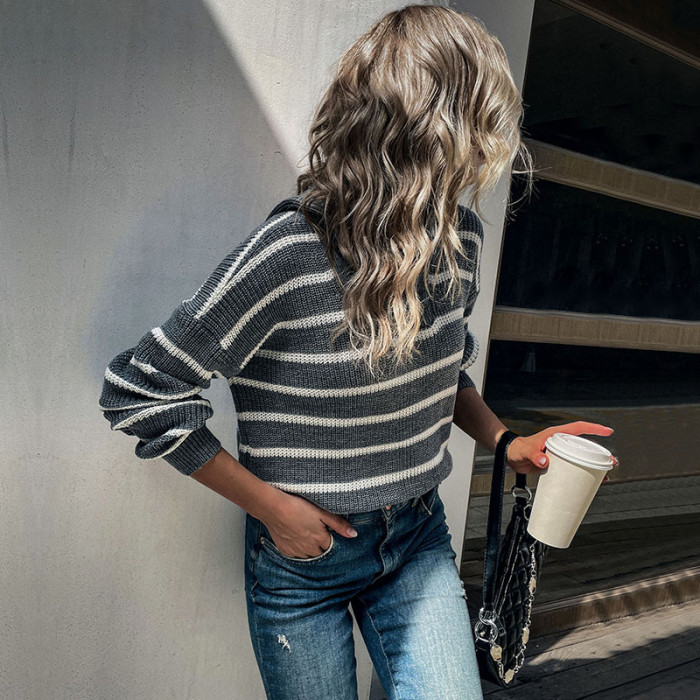 Fashion Long Sleeve Lapel Stripe Casual Loose Sweaters