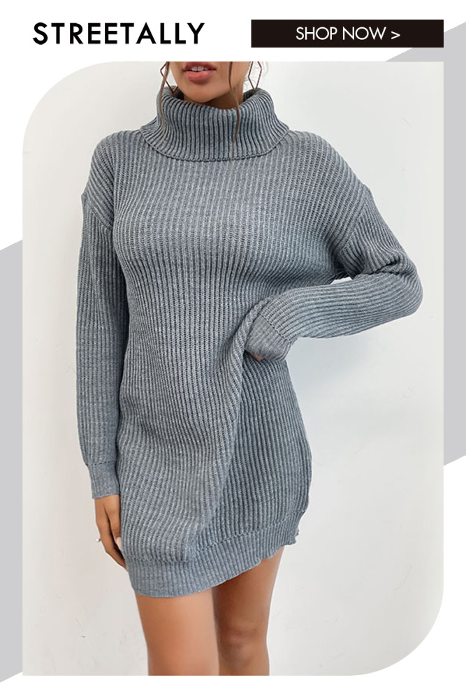 Solid Color Long Sleeve High Neck Fashion Long Loose Sweater Dresses