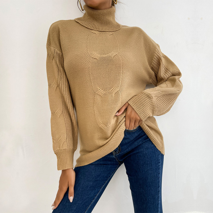 Solid Long Sleeve Linen Turtleneck Loose Sweaters