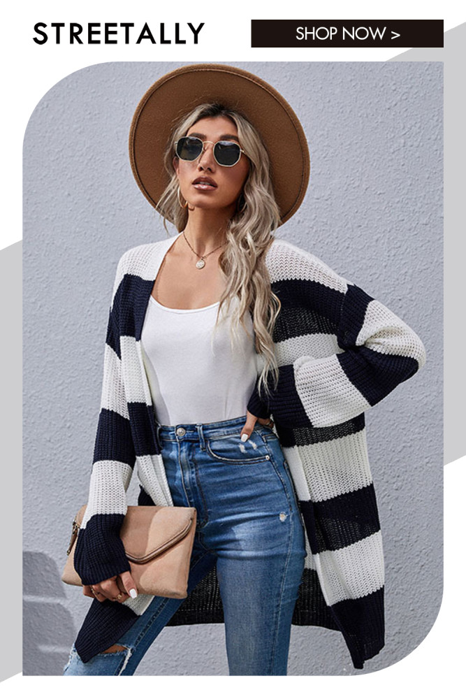 Elegant Fashion Loose Long Sleeve Striped Sweater Cardigans