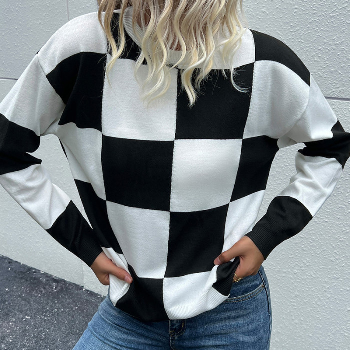 Long Sleeve Black and White Checkerboard Crew Neck Loose Sweaters